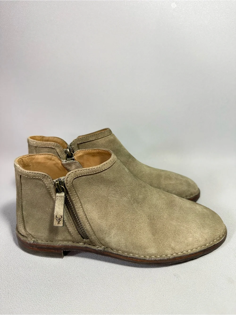 Trask Aubrey Taupe Suede Leather Side-Zip Ankle Boots